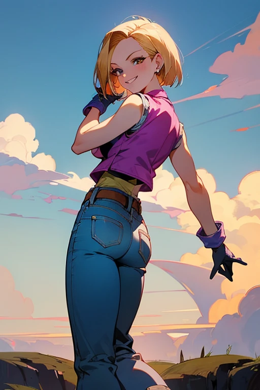 {best quality}, {very aesthetic}, Beautiful Android18DB portrait,side facing viewer,Beautiful Android18DB portrait,Solo,Earrings,Jewelry,Denim,Smiling,Belt,Vest,Clouds,Sky,Daytime,Pants,Outdoor,Gloves,Necklace,Jeans,ig breast ,looking back,smile,standing,from behind ,full body