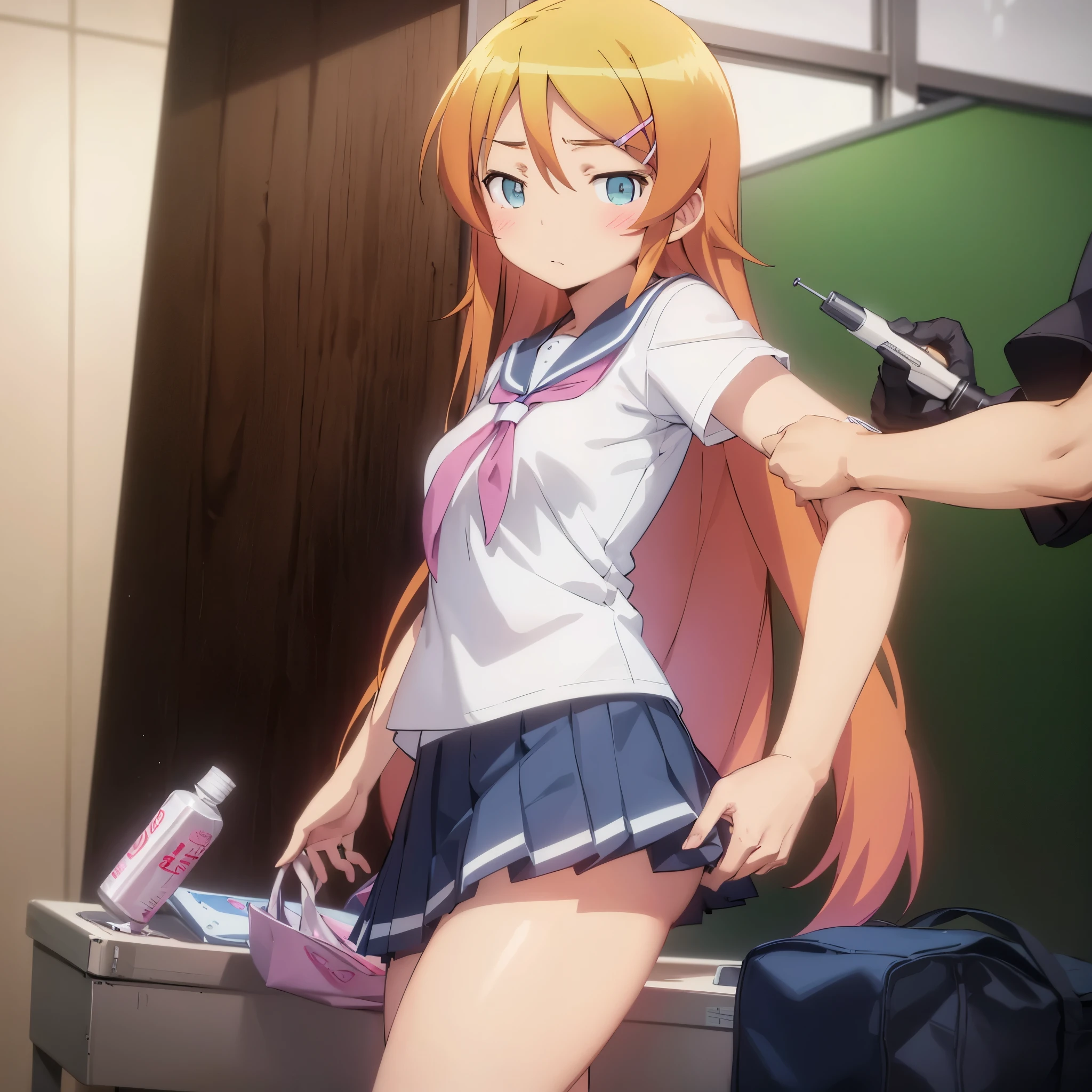 Kirino Kousaka, a high school girl in a sailor suit, receives a vaccination, long hair, blue eyes, hair ornament, hairclip, orange hair, aqua eyes,
skirt, school uniform, seraph, shirt, white shirt, grey sailor collar, grey skirt, pleated skirt, neckerchief, pink neckerchief,