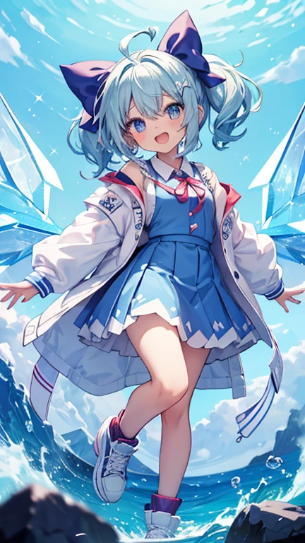 Chibi character characters, cirno,One girl, Alone, ice_wing, light blue_skirt, open_mouth, lOng_sleeve, , light blue_bow, white_socks, hair_bow, holteething_footeeth, circleteeth_9, hooteethie, , light blue_jacket, sneakers, Ahoge, teethetacheteeth_wing, banteethaiteeth_On_脚white_shoes, heart, Replace_Costume, star_\(symbol\), open_jacket, collareteeth_shirt, :teeth, フェアリーfrilleteeth_skirt star-shapeteeth_studentsymbol-shapeteeth_student. nice,Key vteethual, Vibrant, stuteethio anime,awarteeth-winning, professiOnal, highly teethetaileteeth,high buteethget, CinemaScope