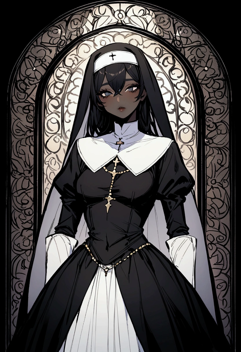 A taned skin femboy with black hair on a nun outfit