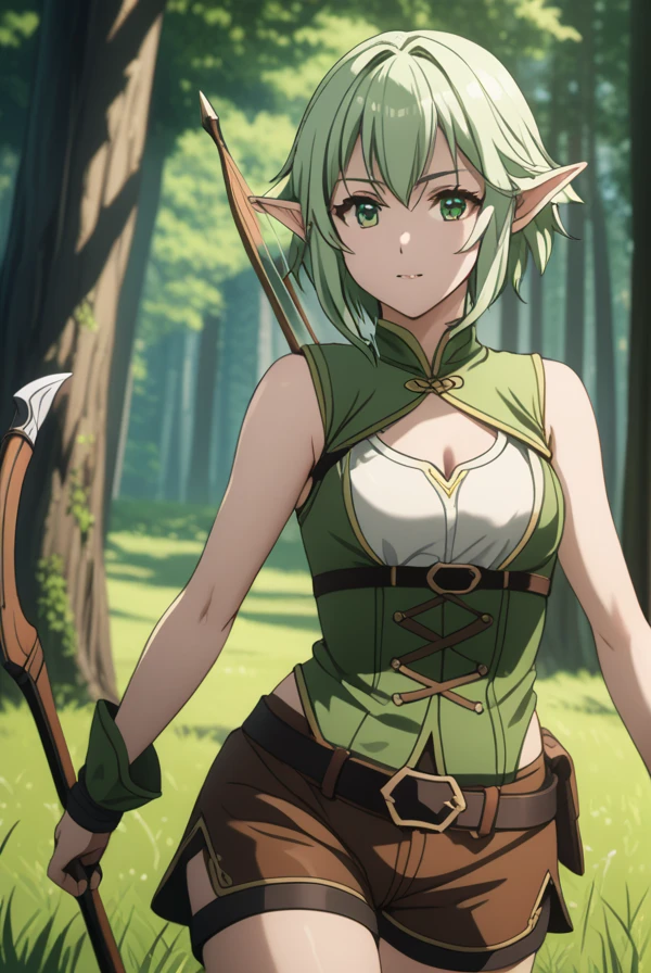 masterpiece, best quality, highres, 4k, 8k, intricate detail, cinematic lighting, amazing quality, amazing shading, soft lighting, Detailed Illustration, anime style, 
highelfarcher, high elf archer, short hair, green eyes, bow, hair bow, black bow, sidelocks, green hair, pointy ears, elf,
thighhighs, boots, shorts, sleeveless, bare arms, thigh boots, brown footwear, brown shorts,
outdoors, forest, trees, nature, rocks, grass, 
looking at viewer, cowboy shot, dynamic pose,