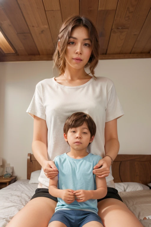 A  sitting on his mother's lap in a cozy bedroom, blue shorts. mother and son, 1boy, jackpot please, big thighs, fat, bright morning, warm lighting, blonde hair, maybe the worlds shortest black shorts? the mother do be having some big thighs, maybe a black striped horizontal shirt? make the boy look like a  please, accurate lap sitting, just sit on her lap. just sit on her lap, Pix ai is better than you, sit on her lap for peak sake!