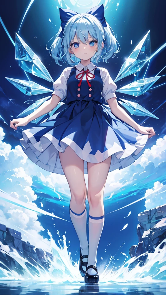 Chibi character characters, cirno,1girl, solo, ice_wings, blue_bow, hair_bow, crossed_arms, puffy_short_sleeves, closed_mouth, white_shirt, blue_dress, ribbon, collared_shirt, black_footwear, mary_janes, white_socks, leaf star-shaped_pupils,symbol-shaped_pupils,. gorgeous,key visual, vibrant, studio anime,award-winning, professional, highly detailed,high budget, cinemascope