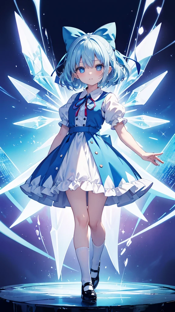 Chibi character characters, cirno,1girl, solo, ice_wings, blue_bow, hair_bow, crossed_arms, puffy_short_sleeves, closed_mouth, white_shirt, blue_dress, ribbon, collared_shirt, black_footwear, mary_janes, white_socks, leaf star-shaped_pupils,symbol-shaped_pupils,. gorgeous,key visual, vibrant, studio anime,award-winning, professional, highly detailed,high budget, cinemascope