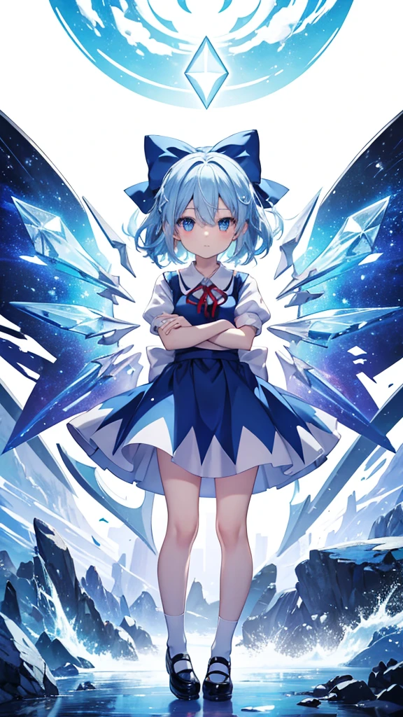 Chibi character characters, cirno,1girl, solo, ice_wings, blue_bow, hair_bow, crossed_arms, puffy_short_sleeves, closed_mouth, white_shirt, blue_dress, ribbon, collared_shirt, black_footwear, mary_janes, white_socks, leaf star-shaped_pupils,symbol-shaped_pupils,. gorgeous,key visual, vibrant, studio anime,award-winning, professional, highly detailed,high budget, cinemascope