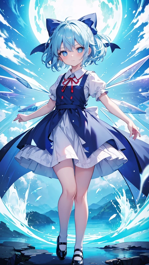 Chibi character characters, cirno,1girl, solo, ice_wings, blue_bow, hair_bow, crossed_arms, puffy_short_sleeves, closed_mouth, white_shirt, blue_dress, ribbon, collared_shirt, black_footwear, mary_janes, white_socks, leaf star-shaped_pupils,symbol-shaped_pupils,. gorgeous,key visual, vibrant, studio anime,award-winning, professional, highly detailed,high budget, cinemascope