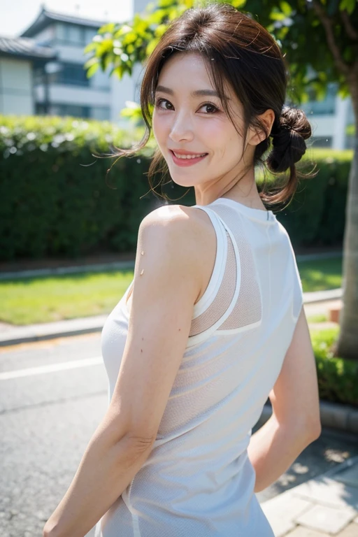 (Best image quality, 4K, high quality, masterpiece:1.2), ((masterpiece)), Attention to detail, high quality, (High resolution,16k, RAW Beautiful Girl Portrait, Best image quality, masterpiece:1.2), (Ultra high definition illustration), Grass garden, Sleeveless tight sexy business shirt, See-through,so beautiful, (60 years old:1.4), Underarm,((Raise your arms behind your head)),Sweaty arms, face, とUnderarm,((I look at you with a smile))、
