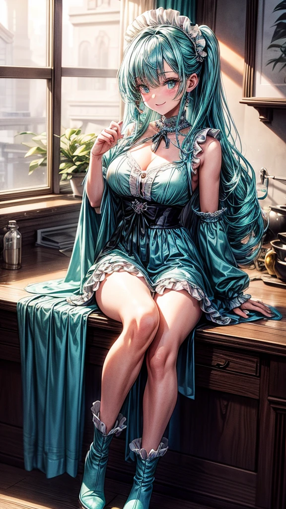 (score_9, score_8_up), score_7_up, 1girl, solo, lum, long hair, bangs, blue hair, blue eyes, aqua hair, eyeshadow, large breasts, looking at viewer, blush, long sleeves, dress, cleavage, jewelry, closed mouth, standing, collarbone, earrings, open clothes, day, artist name, indoors, blurry, covered nipples, lips, coat, fur trim, eyelashes, window, covered navel, makeup, blurry background, red dress, curtains, lace trim, lace, veins, open coat, lace-trimmed dress, retro, iwako, detmore,