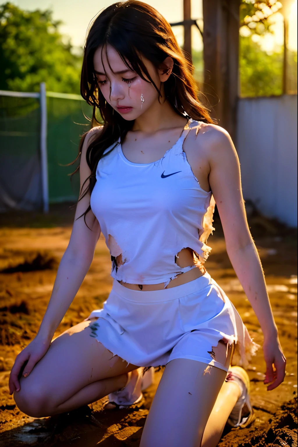 (Perfect Anatomy, Realistic, Best Quality, Clear photos, Masterpiece), ((Clothes covered in mud, Heavily tattered clothes, A Crying girl with (Tattered and Torn) white tennis skirt)), 1 girl, almost naked, summer, daytime, Black hair covered in mud, Very pretty girl, Heavily Torn white tennis uniform is covered in mud, A white tennis uniform that is torn in tattered, ((Only 30% of the clothes remain)), pretty girl covered in mud, Beautiful face, A naked girl is covered in mud, (Partial exposure of the thighs), kneel down
