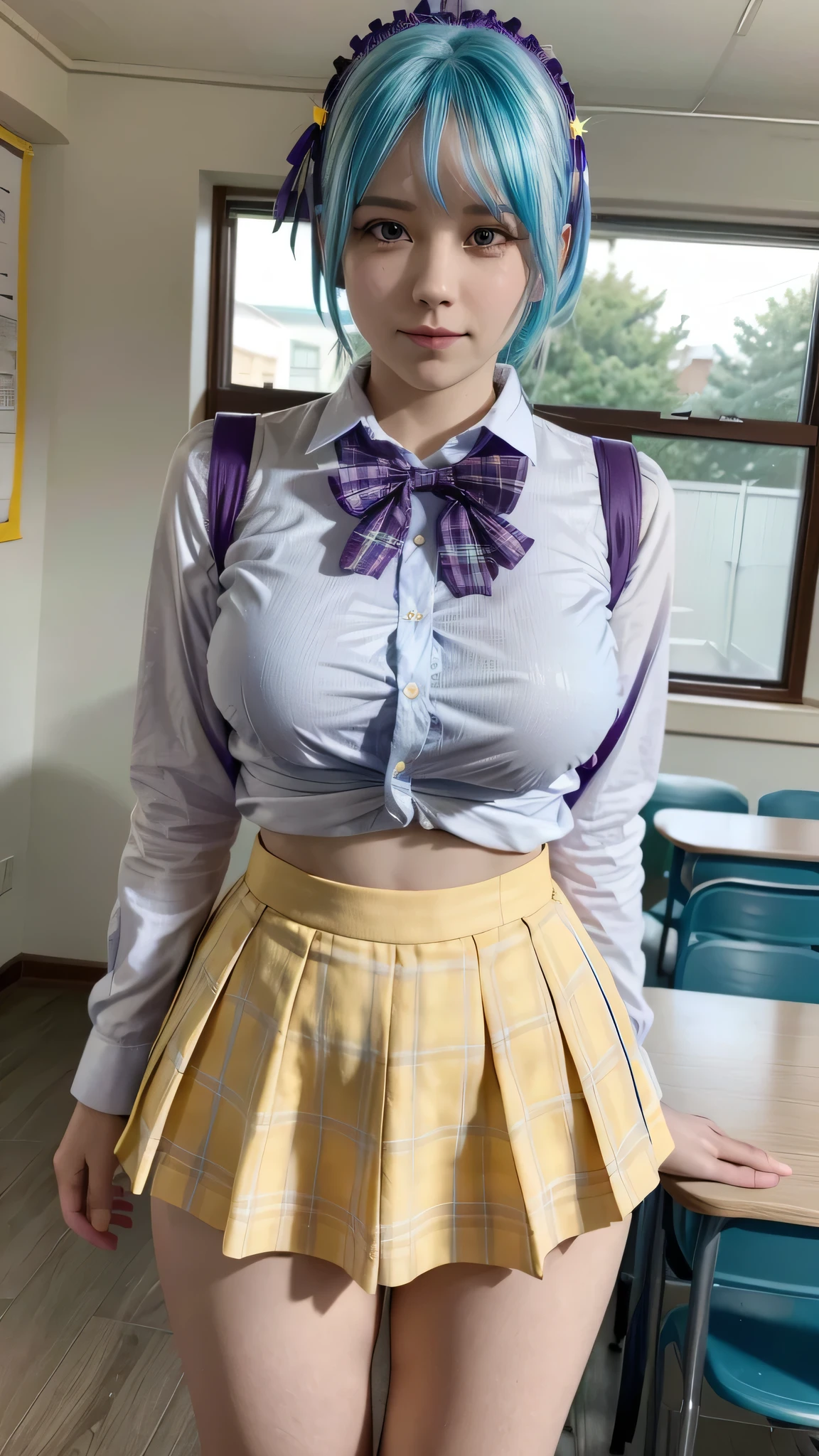 kurumu, purple eyes, blue hair, short hair, ponytail, yellow vest, white shirt, green plaid skirt, red bow, tie, purple headdress, star \(symbol\), violet hairband, Cup Breasts A, waist 50cm and hips 70cm, at school.