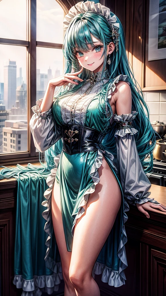 (lum), 1girl, solo, retro artstyle, eyeshadow, long hair, green hair, aqua hair, disheveled hair, blue eyes, bangs, tiger-stripped horns, 2d, translucent negligee, strapless, wide windows, crescent, score_9, score_8_up, score_7_up, (4k quality, masterpiece:1.4), (best quality:1.3), daytime, sunny, hotel room, solo, BREAK, beautiful face, toned, slender, medium breasts, nice butt, perfect face, panties, wide hips, thick thighs, white transparent blouse, ass cheeks spread, knee-high socks, stockings, dynamic, beautiful, Expressiveh, full body, (legs view, close up on legs, feet, round butt) (Best quality at its best, high detail, masterpiece, official art, movie light effect, 4K, 8K), jhyd style, glamour, from below, concept art,