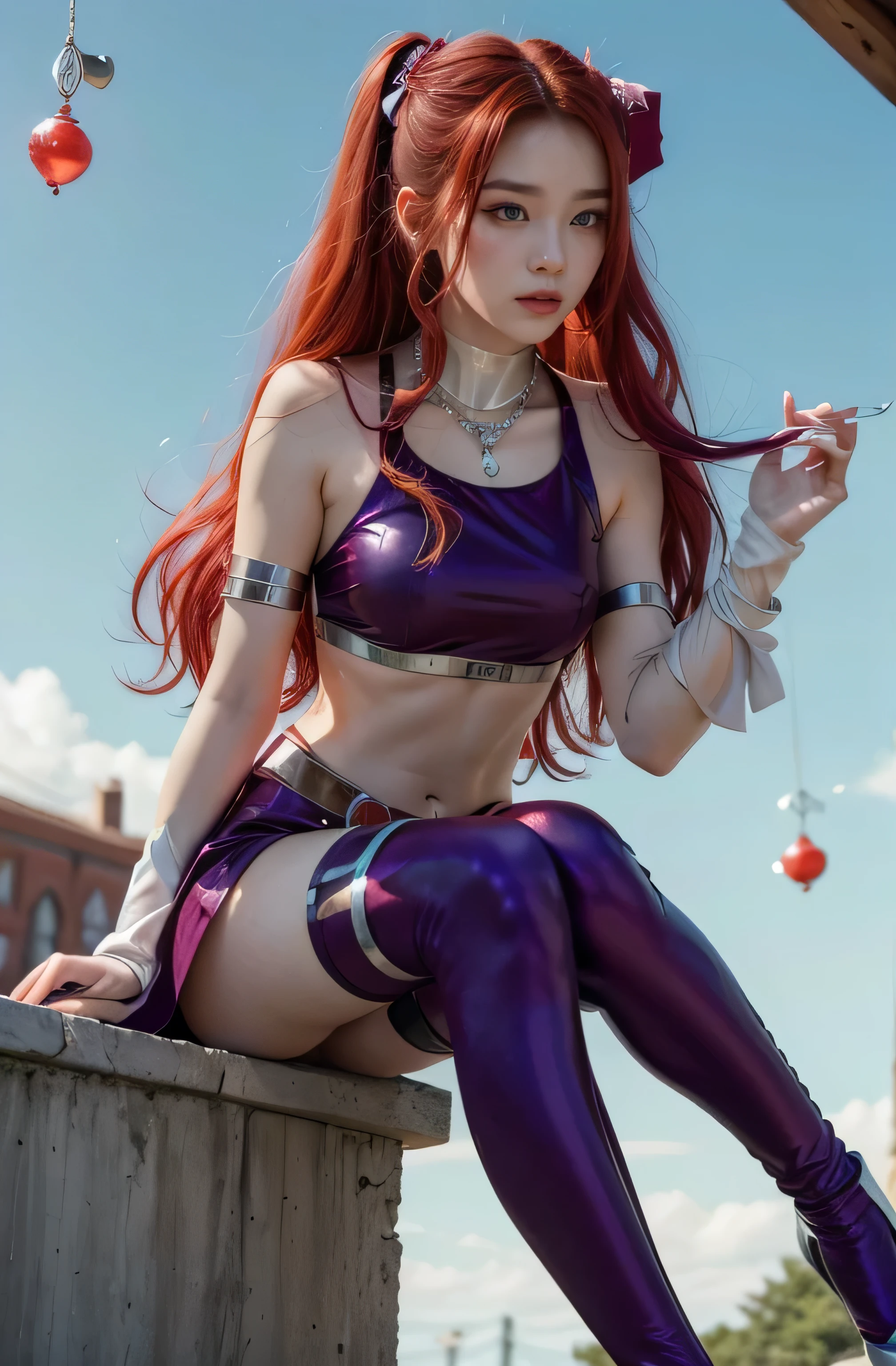 1 girl in, Yui, (NSFW), Cute 18 year old redhead girl with two tails, ((Perfect female body)) multiple (rainbow hair: 1.2), (Beautiful, Dark blue eyes: 1.6), (Photorealistic eyes: 1.6), glad, Ukrainian, (Small body), ((small hips)), white pale skin, (perfect tits), (cammel toe), Glossy oily pantyhose, One Piece Jersey, futuristic city backdrop, Gloomy multicolored lighting, Very dark sky, photos realistic, Dynamic lighting.