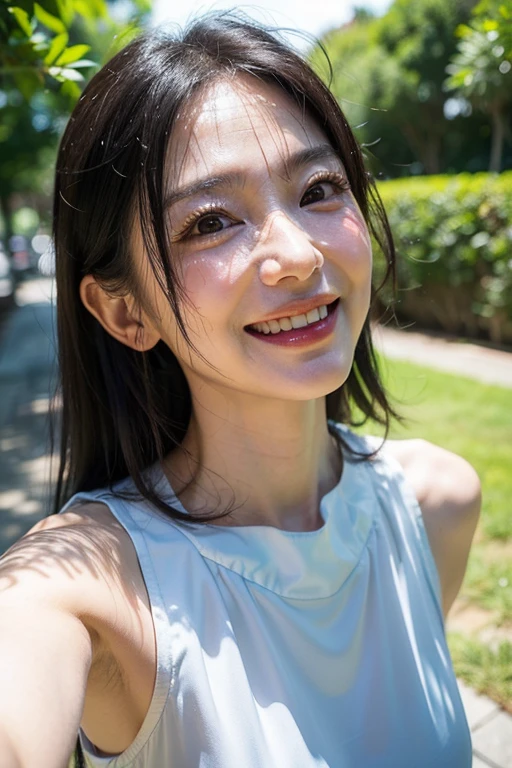 ((Highest quality, 8K, Ultra-high resolution)), ((masterpiece: 1.3)), (Perfect appearance), (Photorealism: 1.6), (JMA), (Portrait of a Japanese mature woman), (Blurred Background), (sunny day in a park), (Woman standing in the shade), ((Looking into the distance)), ((Realistic skin texture)), (Fine wrinkles appear all over the skin, Dullness, Unmoisturized skin, Wrinkles around the eyes, double eyelid, Lower eyelid tear trough, Tears, Dimples), (Brown eyeball), (Precise eyeball), Slightly parted lips, Smiling Kindly, (Medium Wave Hairstyle), (Thin and smooth hair), (Wide neckline blouse), (Soft-touch blouse), (Voluptuous body), (Large Breasts), (Close-up of face), (Angle from below),