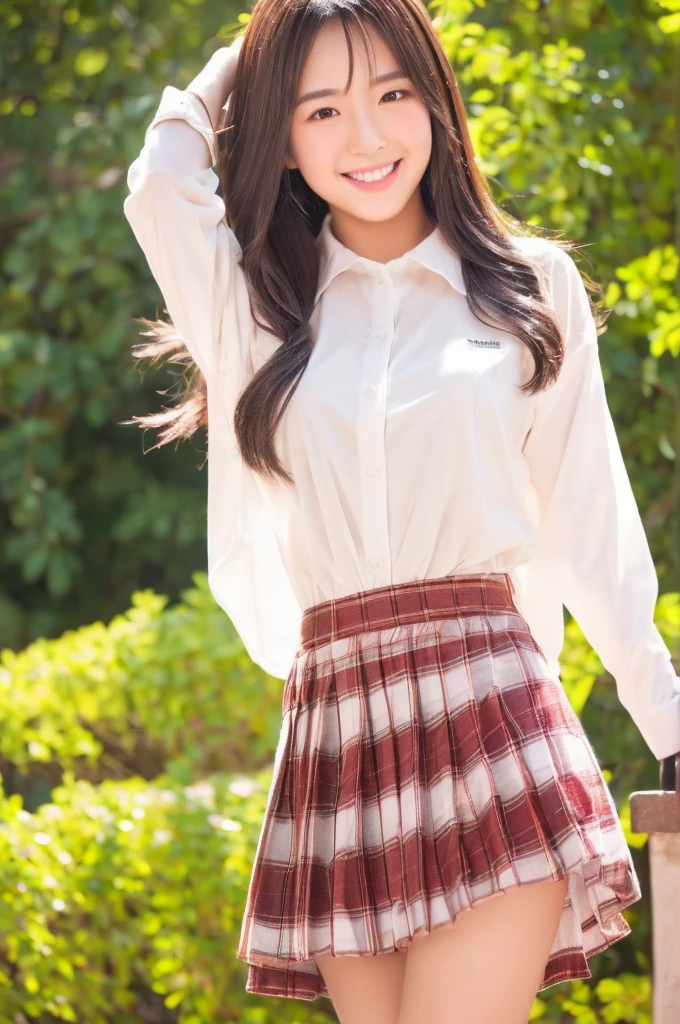 best quality, 8k, very delicate and beautiful, highly detailed face and skin texture, shiny skin, high resolution, sexy japanese girl in white shirt and plaid skirt at classroom with big smile, sharp focus