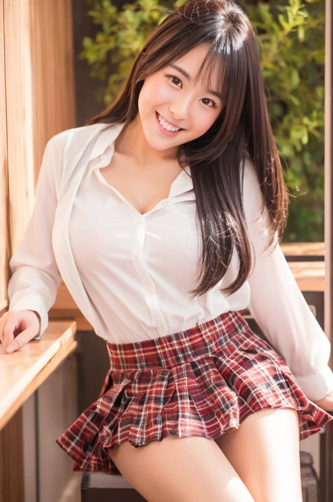 best quality, 8k, very delicate and beautiful, highly detailed face and skin texture, shiny skin, high resolution, sexy japanese girl in white shirt and plaid skirt at classroom with big smile, sharp focus