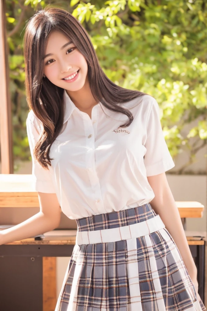 best quality, 8k, very delicate and beautiful, highly detailed face and skin texture, shiny skin, high resolution, sexy japanese girl in white shirt and plaid skirt at classroom with big smile, sharp focus