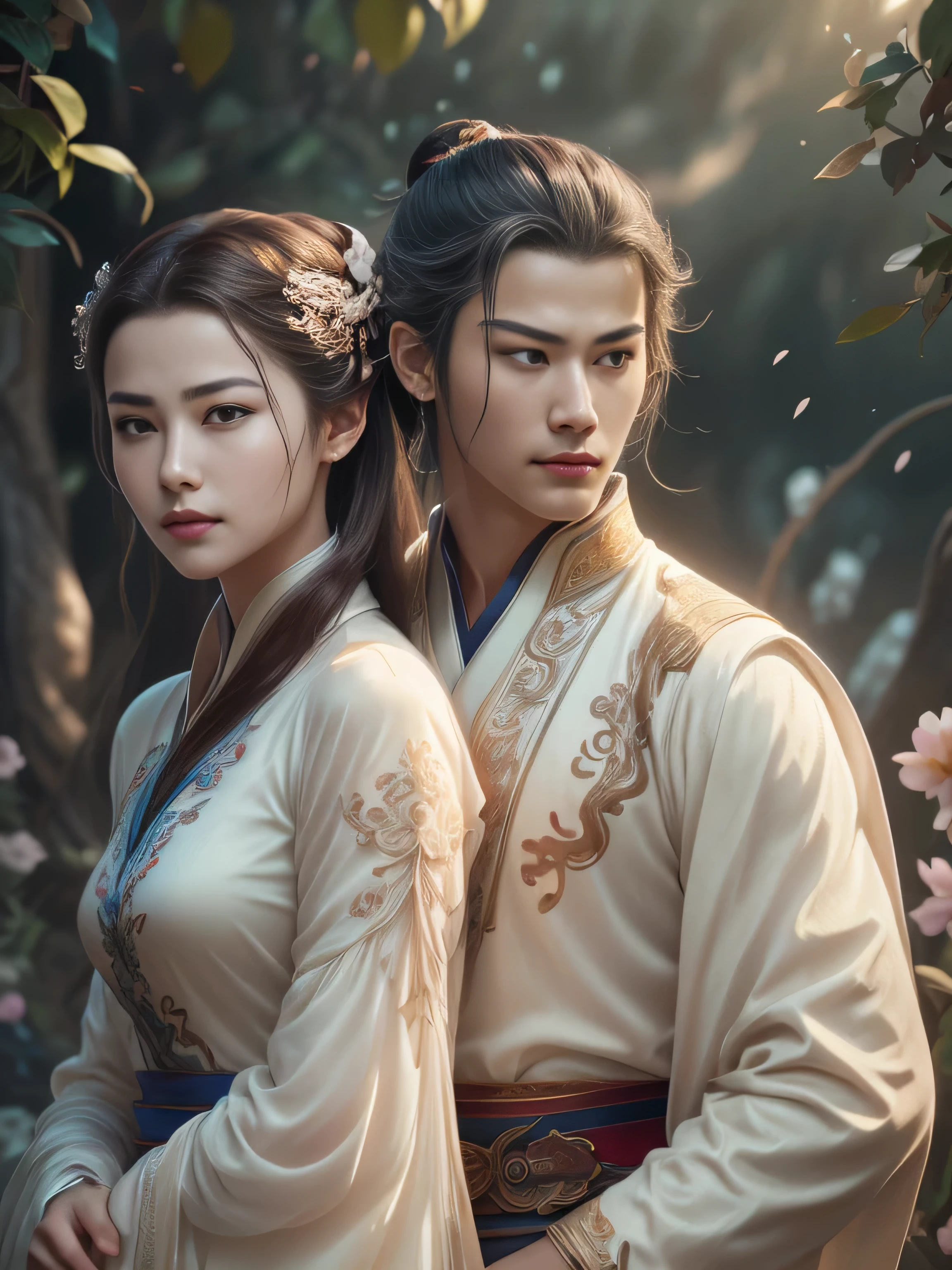 (Best Quality, Super Detail, Masterpiece, Representative Work, Official Art, Professional, Super Fine Detail, 8k:1.3), (photorealism:1.2), (Couple, Beautiful Girl and Boy), A couple in the sea of flowers, Handsome guy hugs beautiful girl from behind, Smiling and Wearing White Clothes, Delicate Hair, Chinese Beauty and Handsome Man, Wearing Ancient Chinese Clothes, Flowing Tulle, Light Silk, Create a movie poster similar to those used in Chinese romantic fantasy dramas, Correct proportions, Perfect face, perfect hands, Sweet atmosphere, Photorealistic, Sharp Focus, Dreamy Atmosphere, Delicate Details, Soft Volumetric Light, (Backlight:1.3), (Cinematic:1.2), Intricate Details, (ArtStation:1.3)