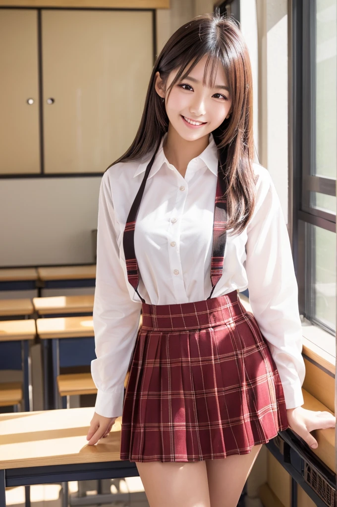 best quality, 8k, very delicate and beautiful, highly detailed face and skin texture, shiny skin, high resolution, sexy japanese girl in white shirt and plaid skirt at classroom with big smile, sharp focus