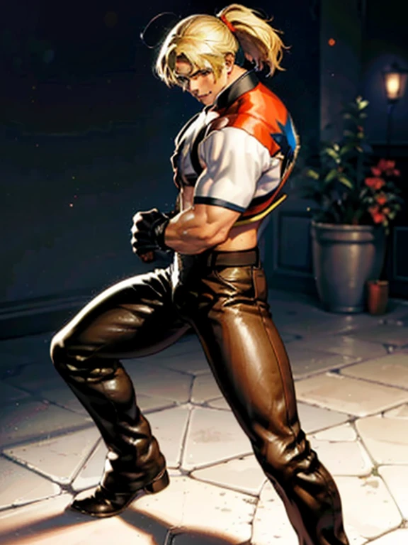 Superhero costume, handsome and cool young man, tall, sexy body, peach butt, shiny blonde hair, ponytail, bulging crotch