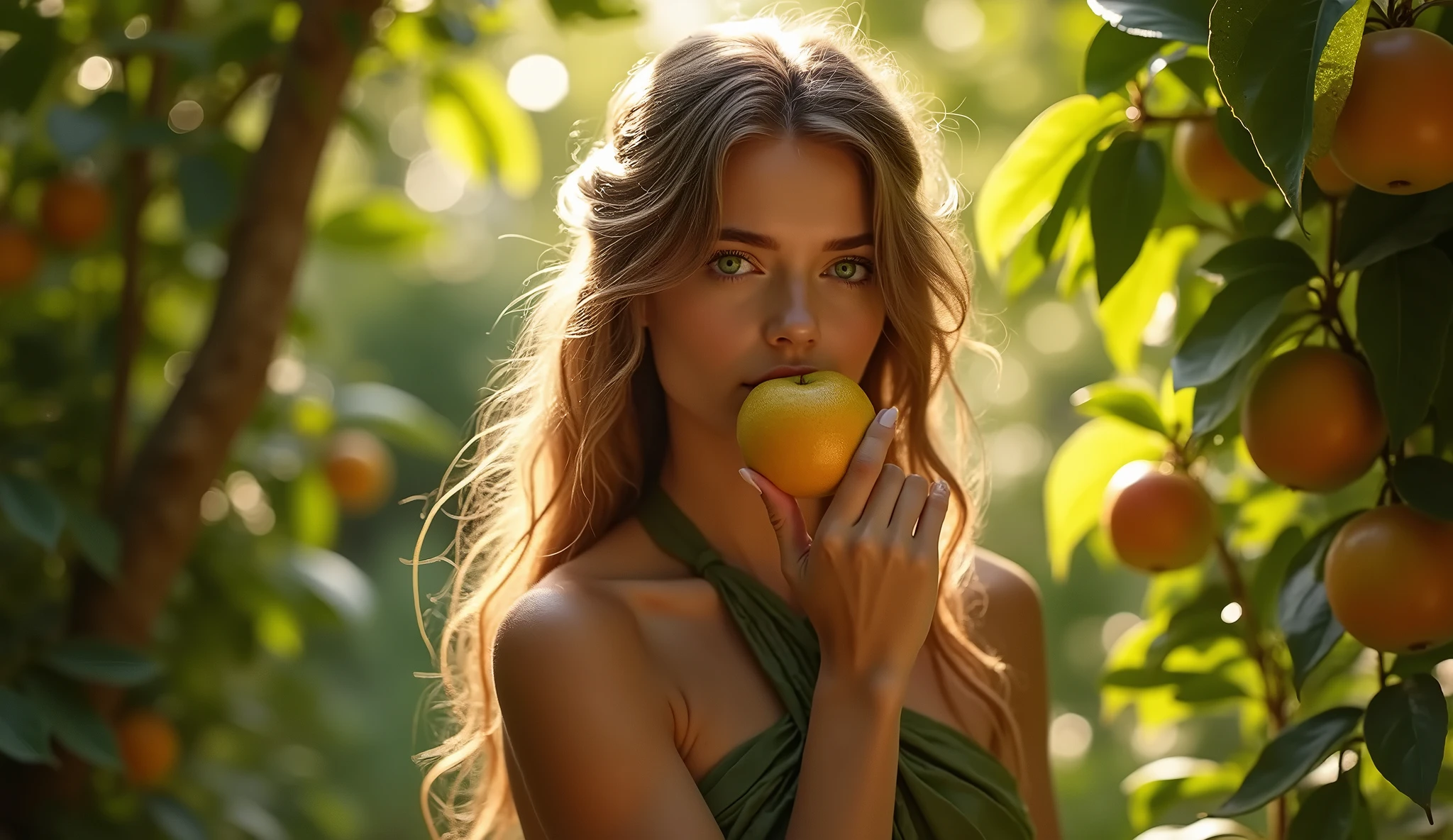 Delta Goodrem in an orchard completely naked and smiling