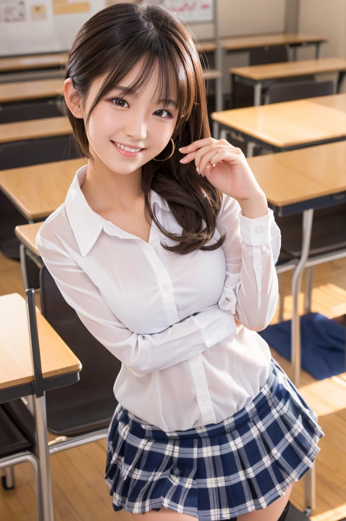 best quality, 8k, very delicate and beautiful, highly detailed face and skin texture, shiny skin, high resolution, sexy japanese girl in white shirt and plaid skirt at classroom with big smile, sharp focus
