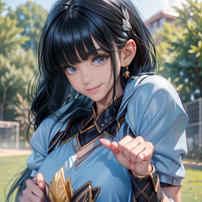 Tall、A black-haired high school girl、Have excellent athletic ability, Wearing a gym uniform, Holding a volleyball, Face it with confidence, Cheerful and smiling,Very detailed,High-cut bloomers,Light blue bloomers