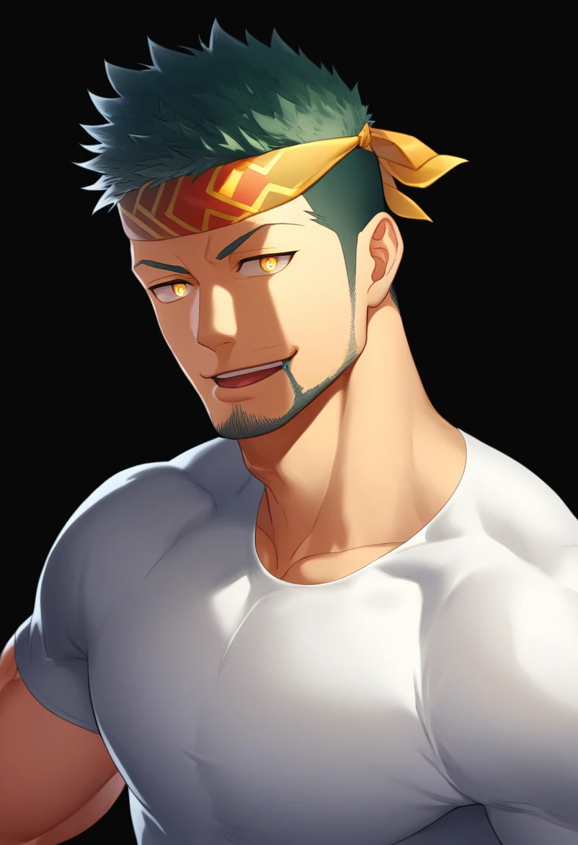 anime characters：Gyee, priapus, 1 young muscular man, male focus, Hexagram tattoo on face, sports Black headband, White spandex tight T-shirt, Milky white mucus at the corners of the mouth, muscular male, muscular, only, Upper body, alone, Yellow short hair, stubble, Yellow eyes, Black background, simple background, amazing quality, best aesthetics, Ridiculous, bright pupils, crew cut, naughty face, torogao, parted lips, best quality