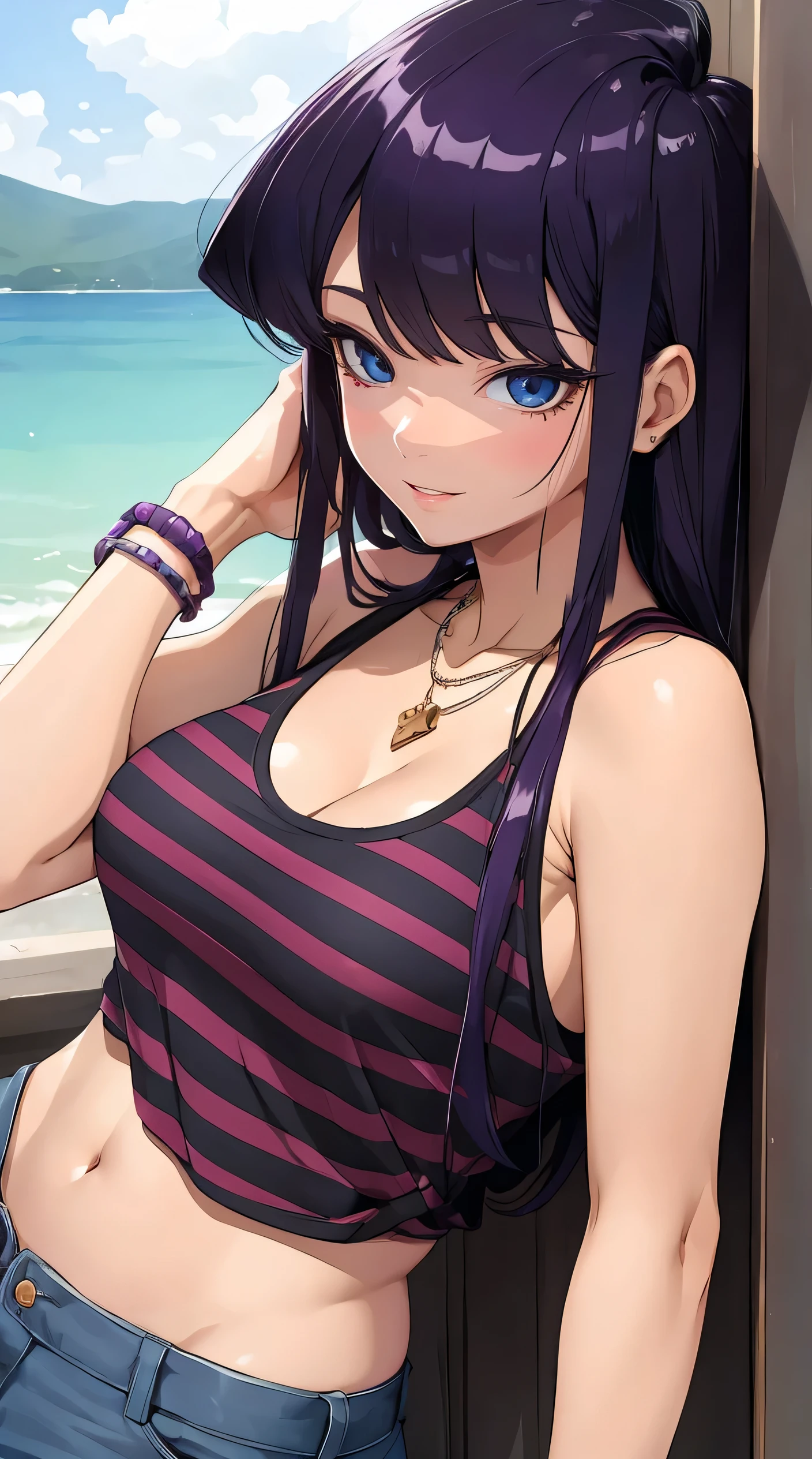 (masterpiece, best quality), 1 girl, Komi Shouko, perfect body, large breasts, woman, europe, striped tank top, shorts, bracelets, necklace, purple hair, purple eyes