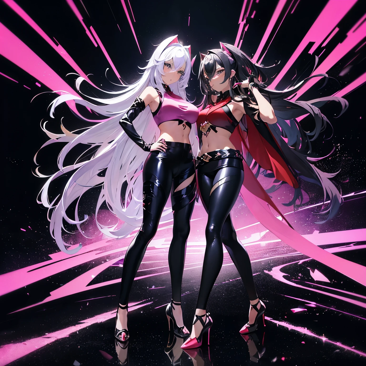 (Two women) ((Sexy seductive anime long haired girl wearing shiny crop top and shiny black metallic leggings)), (with pink cape) (high heels), (standing seductive), (Cold snowy area), (Pink aura), modern anime style, 4 k manga wallpaper, very modern anime style, at pixiv, best anime 4k konachan wallpaper, full body shot