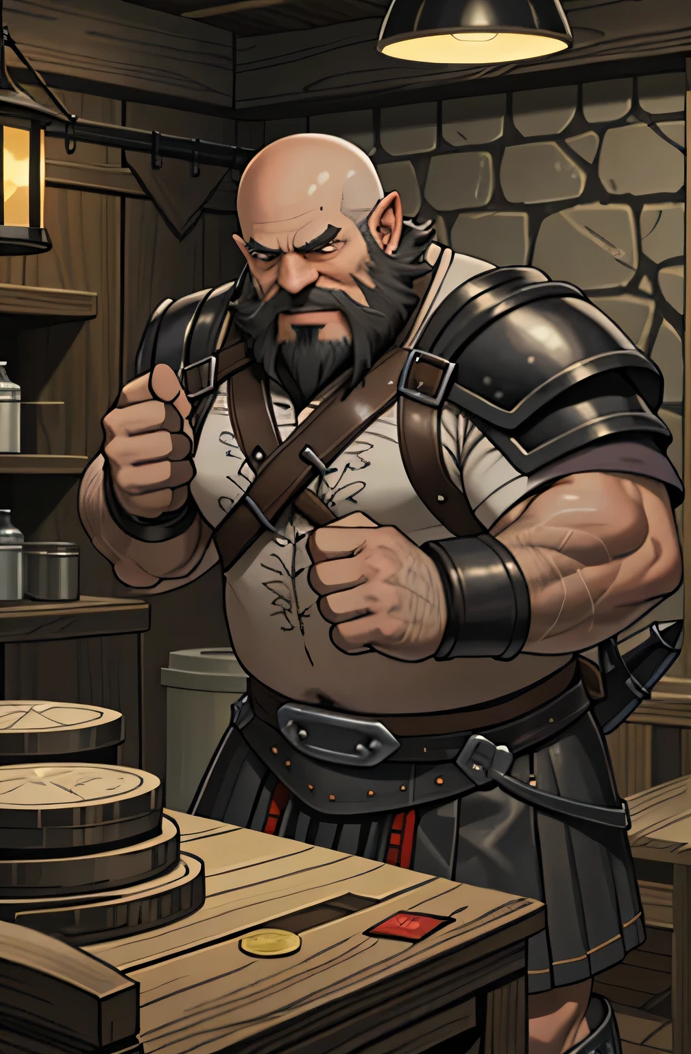 full body, action scene, dramatic lighting, a very strong fantasy dwarf, dark sooty skin, long and thick white beard and white mustache, bald, very stout, big belly, steely eyes, ugly face, bare chested and wearing leather harness, kilt and shoulder armor, gruff expression, slamming his palms down onto a table covered with scattered tankards, coins, and cards.