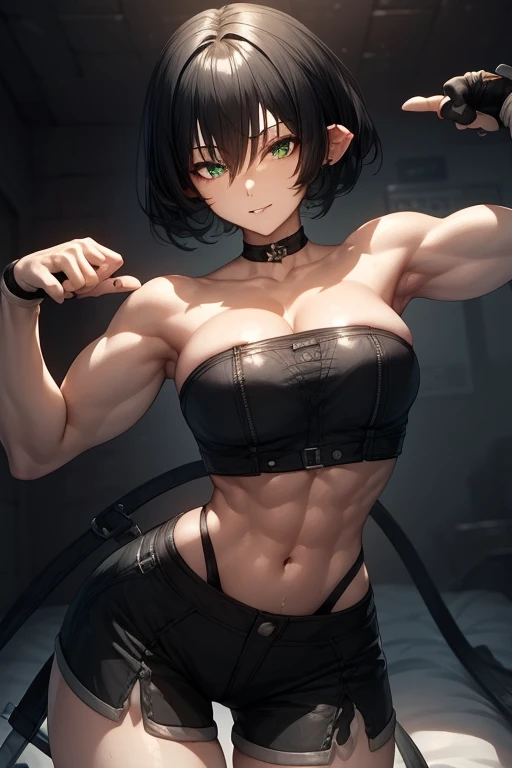 masterpiece,best quality,high resolution,8k,Ultra HD,wallpaper,illustration,perfect face,cowboy shot,beautiful detailed eyes,extremely detailed face,perfect lighting,extremely detailed CG,perfect hands,perfect anatomy,perfect body,perfect hands,perfect fingers,1woman,full body,,(muscle fighter body:1),black short bob hair,green eyes,large breasts,medium ass,medium nipples,(black tube top),black hot pants,clothed,,,collarbone,,looking at viewer,(sexy  pose),Steam,sweat,rich home on the bed,(Zenless Zone Zero character jane doe),