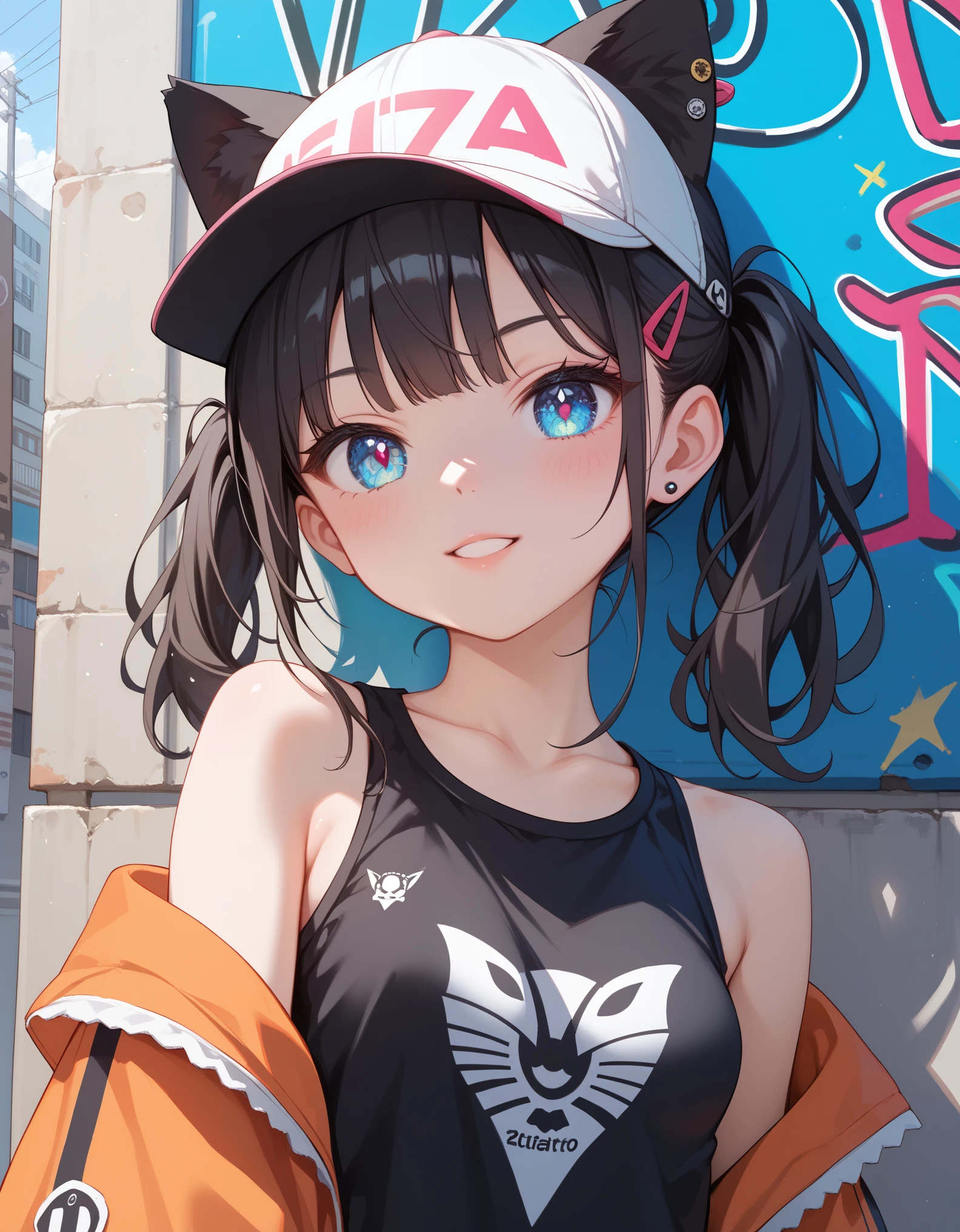 score_9,score_8_up,score_7_up, source_anime,masterpiece,best quality,ultra detailed eyes,high-detailed,(close-up),
1girl,cute_face,thin,petite,Girlish body type,poor_stature,small_breasts,
youthful designs,fashionable,streetwear style,urban clothing,casual accessories,edgy designs,intricate clothes,fashion cat ear cap,oversized clothes,graphic prints,
street graffiti,