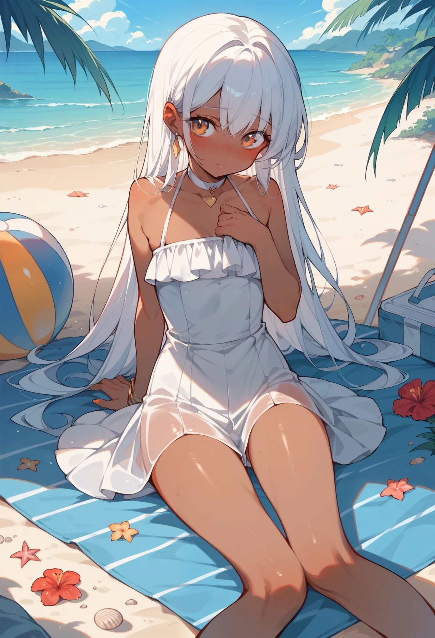 ((Nanachi)), ((masterpiece)), wide shot, (Professional Photography:1.2), summer sky, (beautiful seaside), raging waves, ((detail of nanachipants)), detail of eyes, sweaty, very smirk and blush, Textured skin, Pale purple, sit on the ground, (open legs wide), (ahoge)