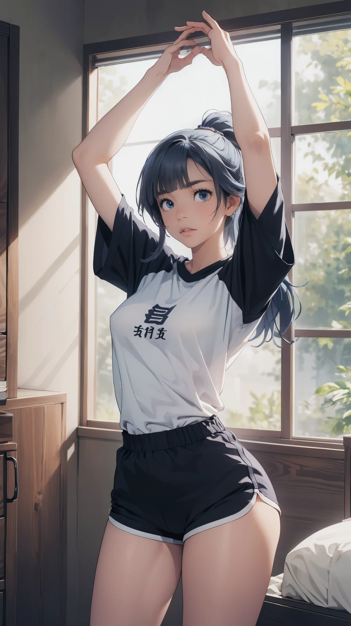 (extremely detailed CG unity 8k wallpaper),(masterpiece),(best quality),(ultra-detailed),(best illustration),(best shadow),(absurdres), Kasumi, 1girl, solo, blue hair, long hair, blue eyes, holding, bangs, blunt bangs, indoors, upper body, straight hair, white graphic tshirt, collarbone, Standing in bedroom , large breasts, Extremely wide hips, thick thighs, facing camera, looking at viewer, (wide hips), beautiful japanese garden background, dolfine shorts, dshorts, lips seperated, cleavege, athletic shorts, Extremely tight shorts,booth shorts, perfect face, kasumi miwa, miwa, handsome on head, arms up, sweating ,hot, ponytail,3 mature woman, medium breasts, lips seperated, beautiful lips, shiny lips, delicate lips, Extremely short shorts, overisezed shirt, shirt going down to hips