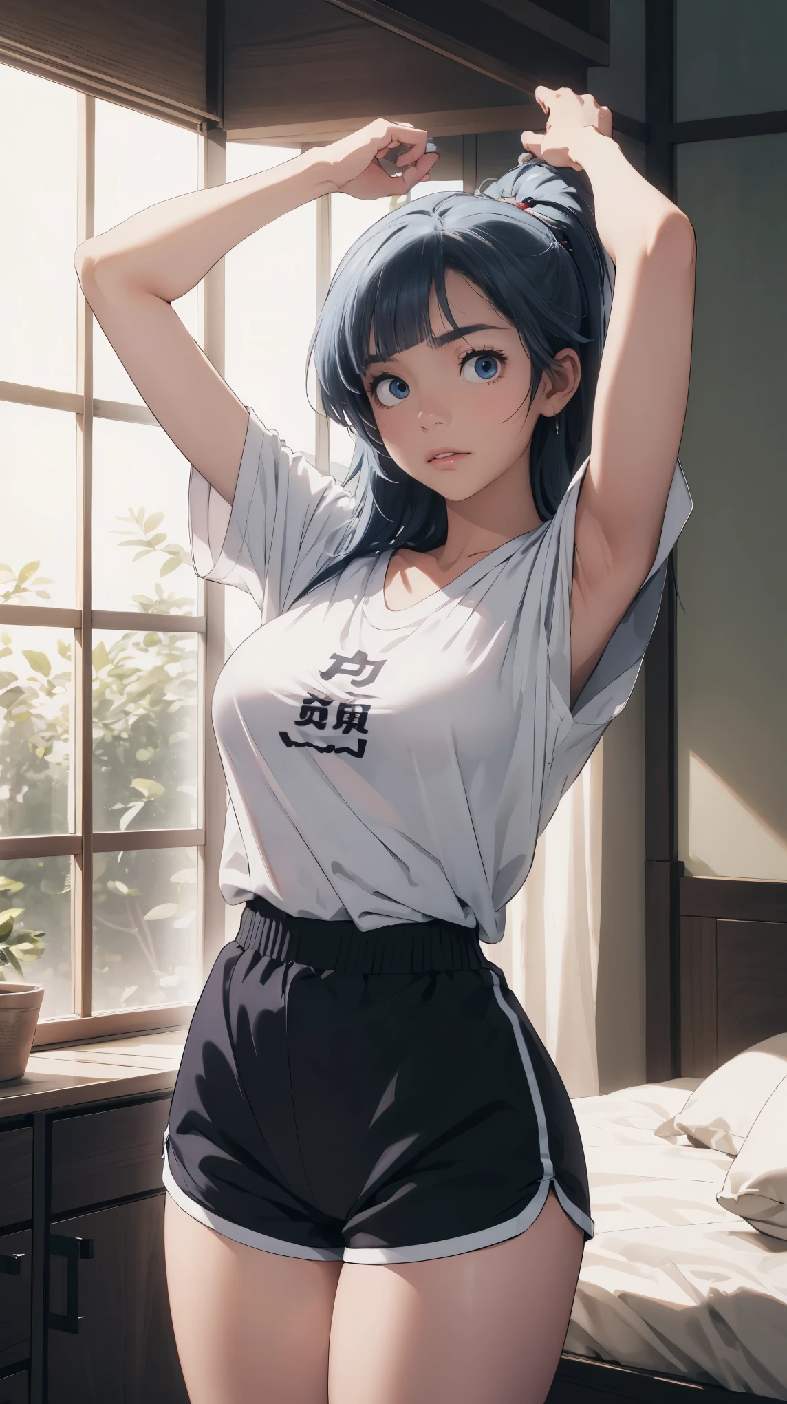 (extremely detailed CG unity 8k wallpaper),(masterpiece),(best quality),(ultra-detailed),(best illustration),(best shadow),(absurdres), Kasumi, 1girl, solo, blue hair, long hair, blue eyes, holding, bangs, blunt bangs, indoors, upper body, straight hair, white graphic tshirt, collarbone, Standing in bedroom , large breasts, Extremely wide hips, thick thighs, facing camera, looking at viewer, (wide hips), beautiful japanese garden background, dolfine shorts, dshorts, lips seperated, cleavege, athletic shorts, Extremely tight shorts,booth shorts, perfect face, kasumi miwa, miwa, handsome on head, arms up, sweating ,hot, ponytail,3 mature woman, medium breasts, lips seperated, beautiful lips, shiny lips, delicate lips, Extremely short shorts, overisezed shirt, shirt going down to hips