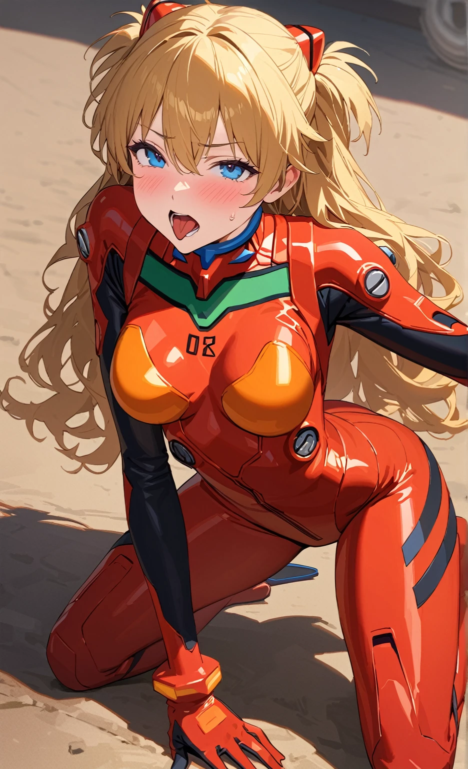 (masterpiece of the highest quality:1.5), Super detailed, High resolution, 8k, Beautiful details, 超High resolution, 1 cute girl, Blonde, blue eyes, middle Breasts, whole body, Short Hair, Wavy Hair,  Rear view, Rear view, back, Thighs, Butt, On all fours, Put your hands on the ground, Asuka, Plug Suit, Pleasure, excited, Ecstasy face, Ahegao blush, Open your mouth, Sticking out tongue, saliva, sweat