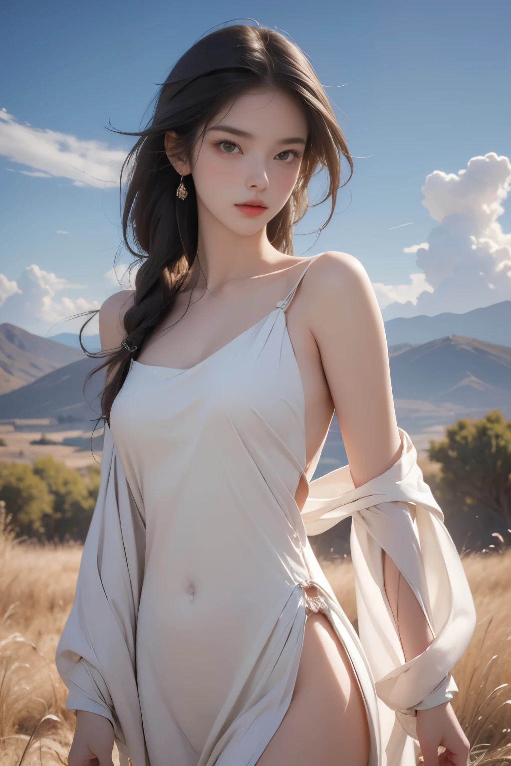 Ground view, concept art, small chest, hips, look at viewer, on ground, sitting on ground, SEDUCTIVE, shy blush face, sexual expression, 1 Indian girl, wearing long small colourful dress, bare shoulder, chest exposed, unconcerned, NSFW, quality, in the edge of mountain, contrast, dark, little chubby,