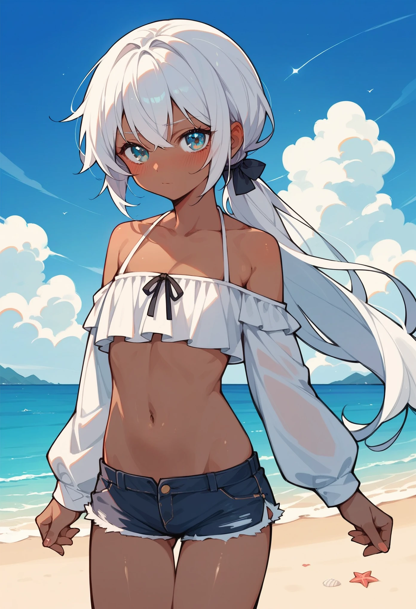 masterpiece, best quality, 1 solo girl, silver hair, blue eyes, long hair, medium breasts, sexy body and face, wavy hair, smile, white bikini, pendant, bracelet, jewelry, earrings, feather hair ornament, ball, lying at the sand, summer, sexy pose, cowboy shots, detailed body, face, and eyes, sharp focus, vibrant, creative, dynamic, high definition, high resolution, 8k, (Upscale: R-ESRGAN 4x+ Anime6mage enchance:4x), voluptuous body, cinema lightning, dakimakura style, looking at the viewer, hair ribbon, hairband