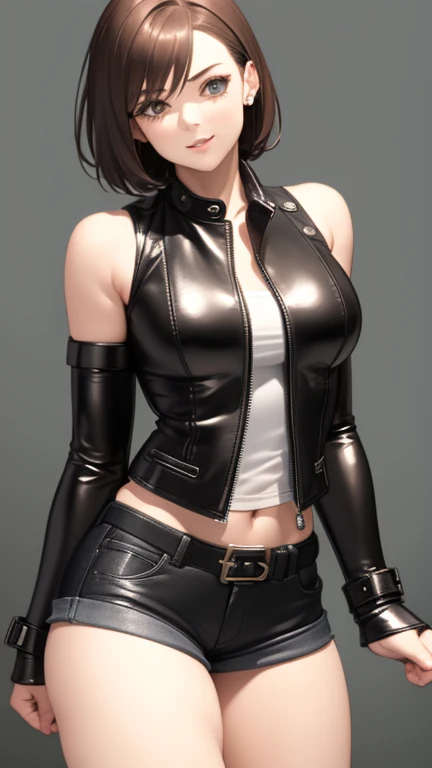 1 girl, black straight hair, blue eyes, short hair, white skin,(((fit body))),(happy expression), leather jacket ( half body image)