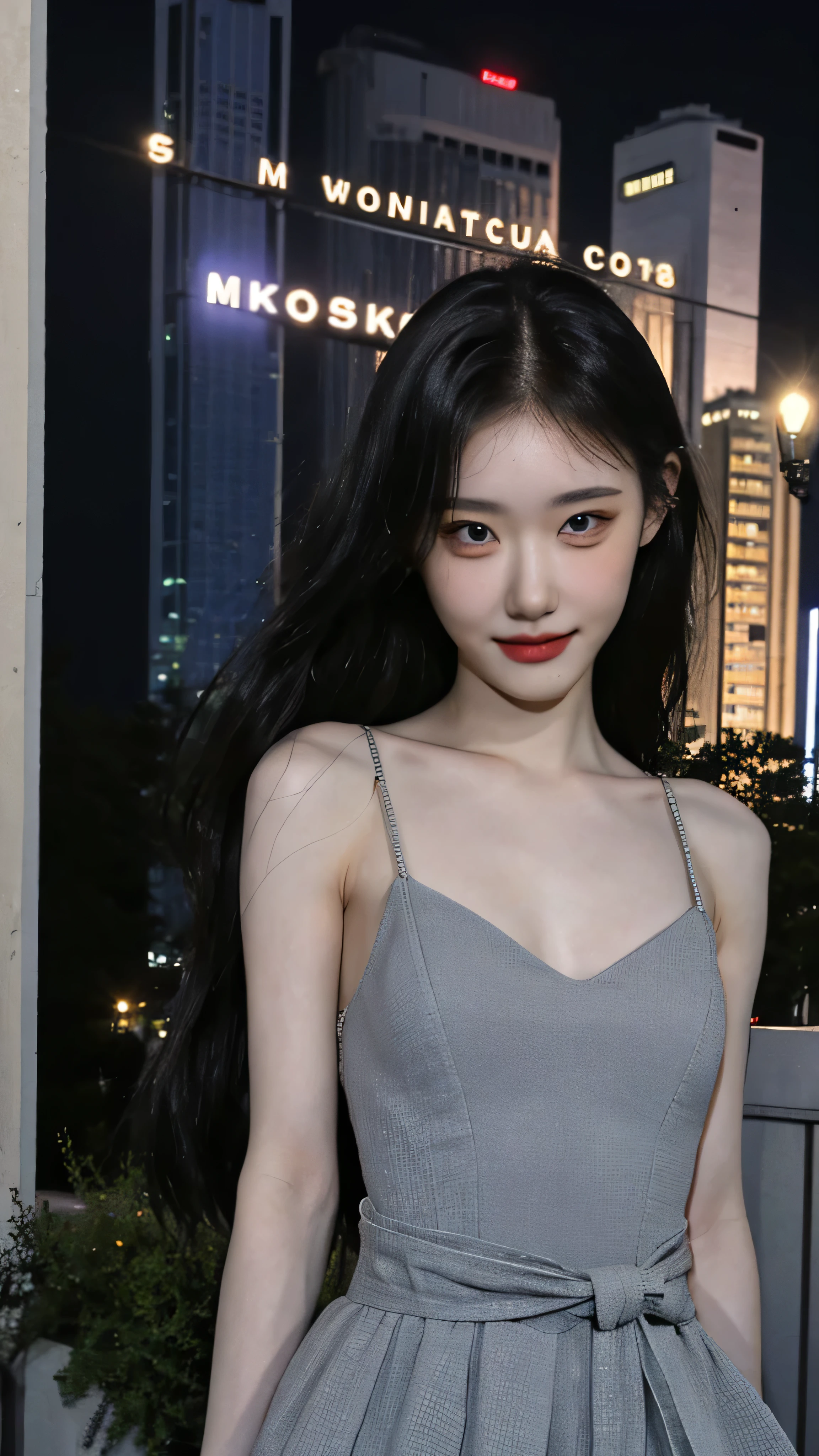 close up photo, masterpiece, best quality, 1girl,solo,realistic, photorealistic, (extremely detailed face), ultra-detailed eyes and pupils, ultra detailed, serious expression, slender figure, (standing against a city at night), tight dress, sleeveless, tiny waist, big hip, smile, medium breasts, 