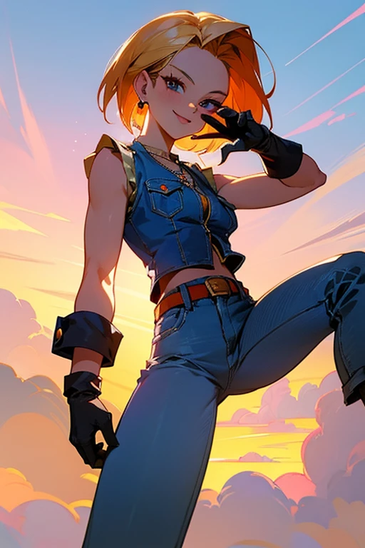 {best quality}, {very aesthetic}, Beautiful Android18DB portrait,side facing viewer,Beautiful Android18DB portrait,Solo,Earrings,Jewelry,Denim,Smiling,Belt,Vest,Clouds,Sky,Daytime,Pants,Outdoor,Gloves,Necklace,Jeans,ig breast ,full body,from behind,smile