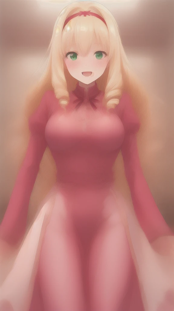 (masterpiece,best quality,8k,beautiful and aesthetic:1.2),
solid-best-physical-appearance-perfect::2,
cosplay,(HUGE BREASTS:1.1),wind,(floating hair:1.2),PERFECTEYES EYES,narrow_waist,slender,skinny,(dynamic_angle),(sexy posture),
SOLI,green_eyes,LIGHT BLONDE HAIR,hair_between_eyes,drill_hair,hairband,LONG HAIR,
full-face blush,blush,embarrassed,smile,open mouth,
red_dress,long_sleeves,frills,
indoors,bed,
