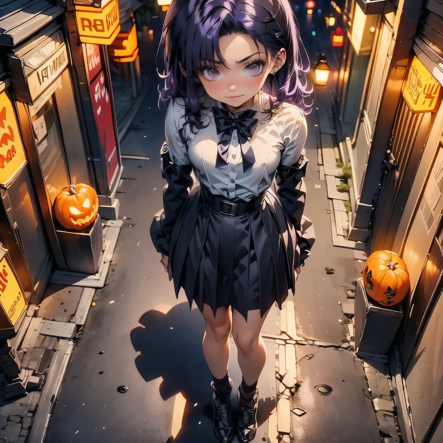 (masterpiece), best quality, 1girl, expressive eyes, perfect face, (purple hair), perfect anatomy, full body, 4k, HDR, full HD, masterpiece, 1 girl, (purple hair), perfect anatomy, full body , wears an outfit of the Terror character from the movie Child's Play, female outfit from Child's Play, Halloween-type atmosphere, it's night,