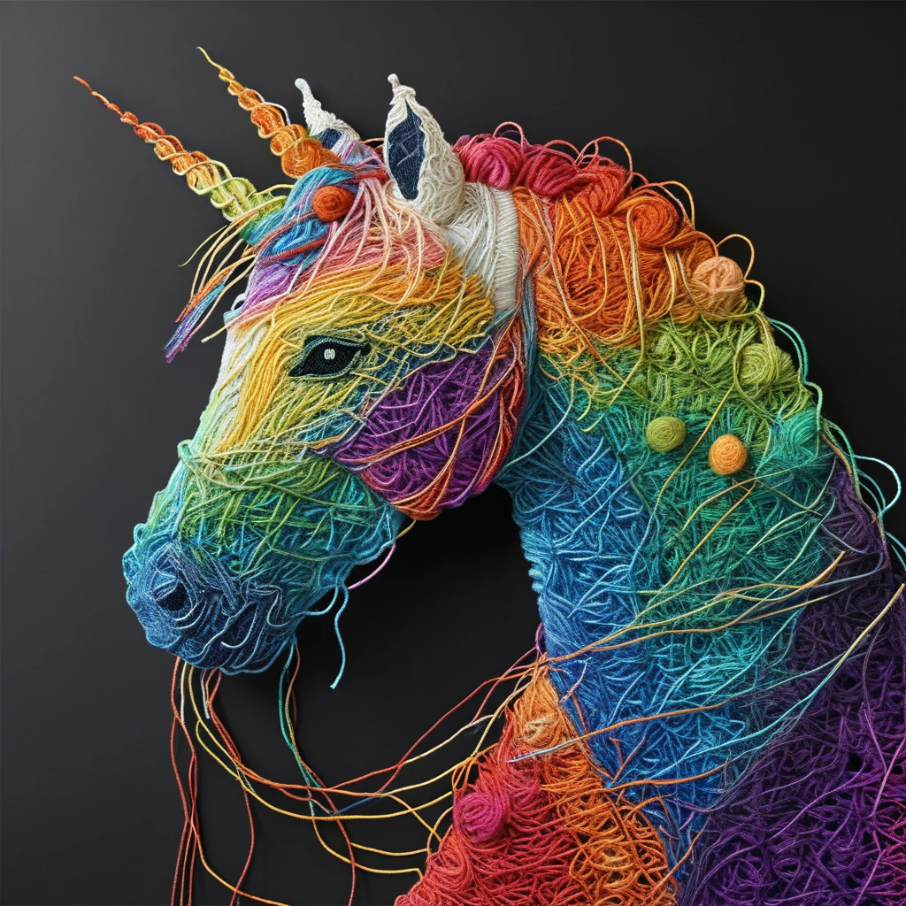 A rainbow unicorn Yarn art style  