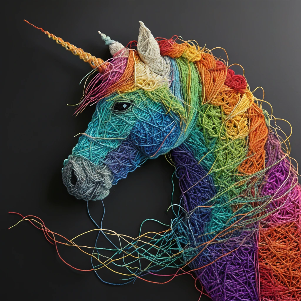 A rainbow unicorn Yarn art style  