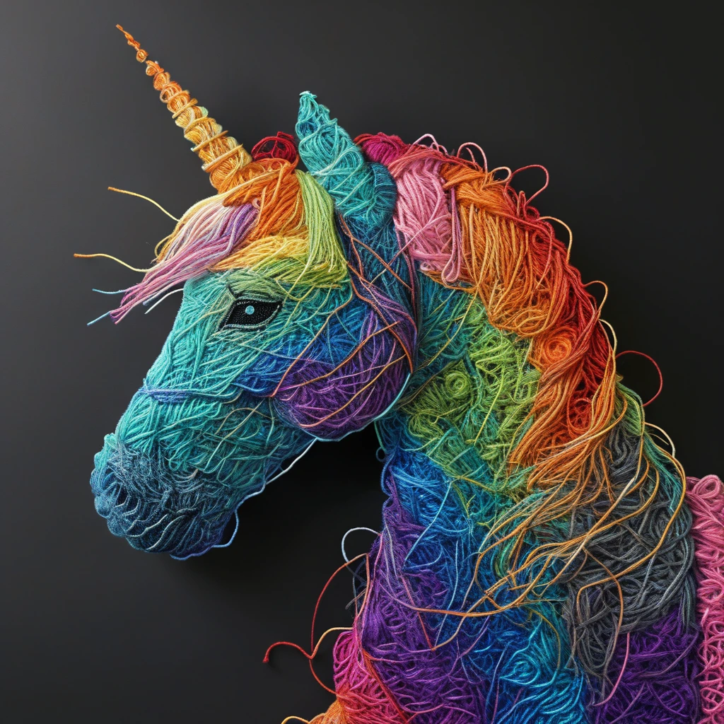 A rainbow unicorn Yarn art style  