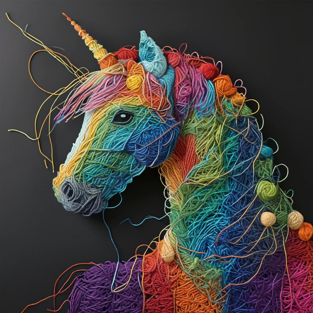 A rainbow unicorn Yarn art style  