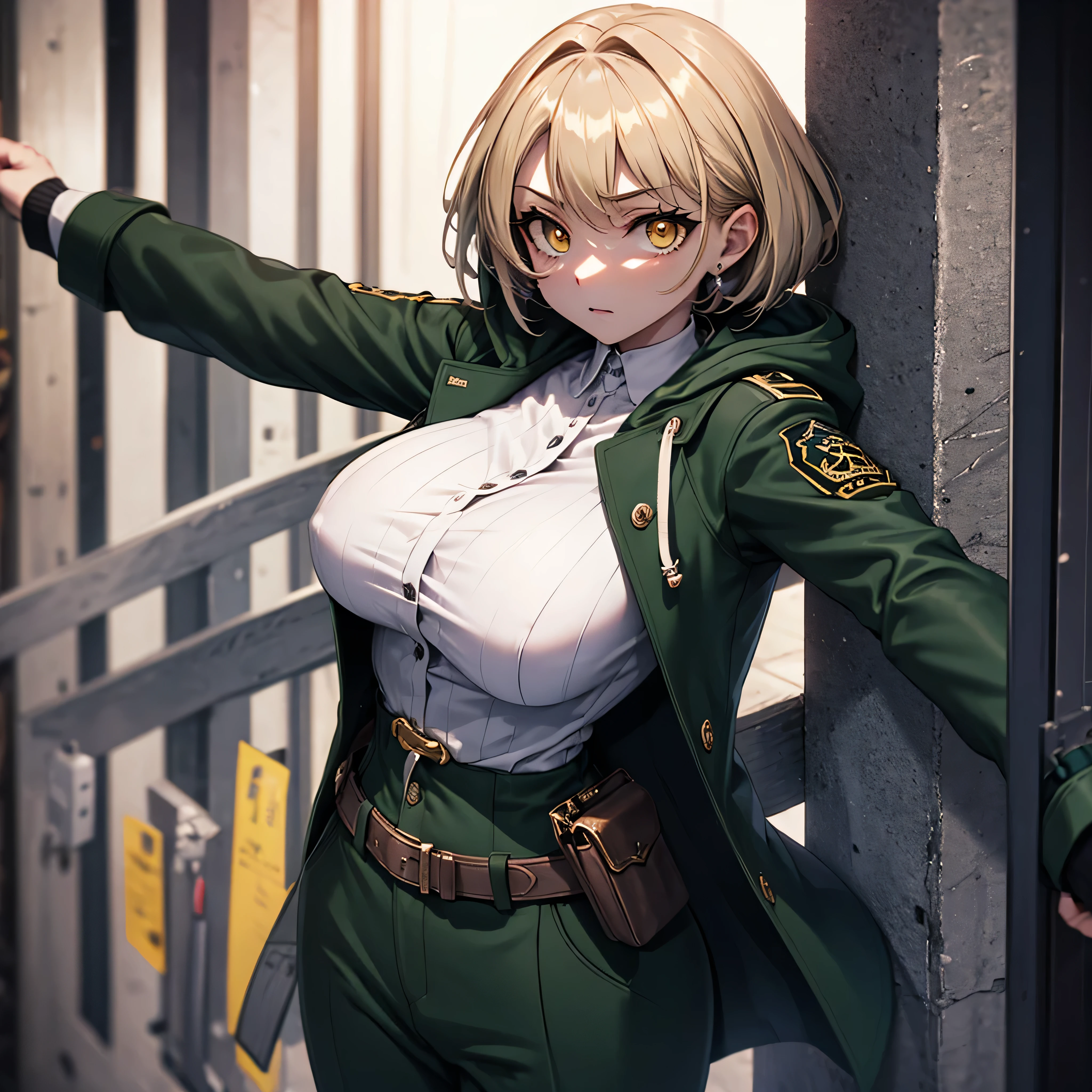landscape, military, dug-in, funk hole., entrenchment, trench, (barbed-wired fencing:1.2), BREAK. 1 skinny girl standing, light brown short hair, swaying back, BREAK, (dark green long coat with hood:1.2), (hood pulled over her head:1.2), tight-fit khaki military uniform, carrying long rifle, BREAK, (glowing golden eyes), bouncing large breasts, bursting large breasts
