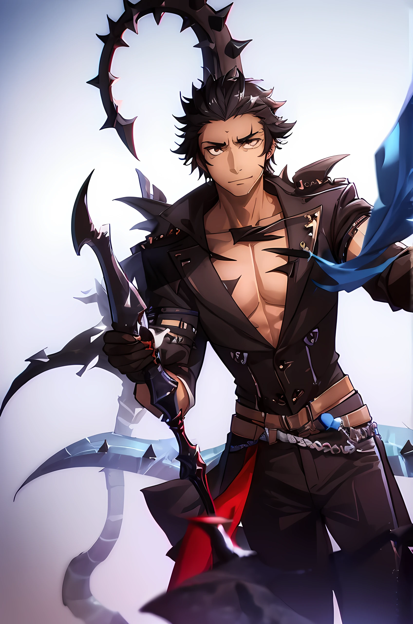 African American male, dark skinned male, long spiky hair, dark scythe, dark creatures surrounding him