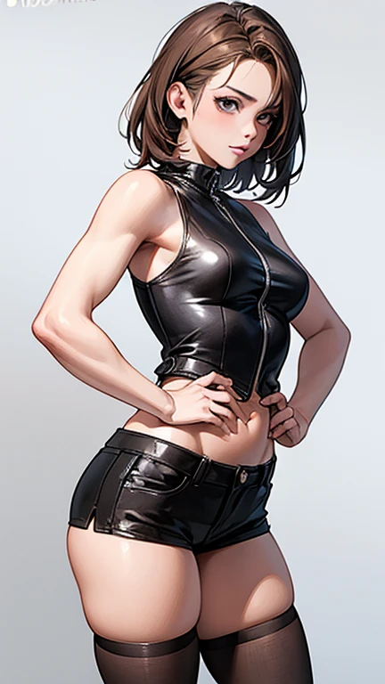 Black Hair、Bob Hair、Shiny Sports Bra、Shiny sports shorts、Knee-high boots、Shiny gloves that reach down to the upper arms